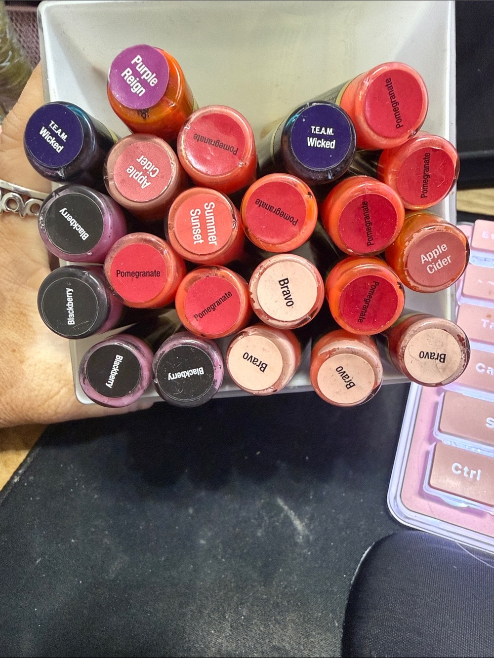 SeneGence Clear Makeup Organizer with Pink and Red Lipstick Tops